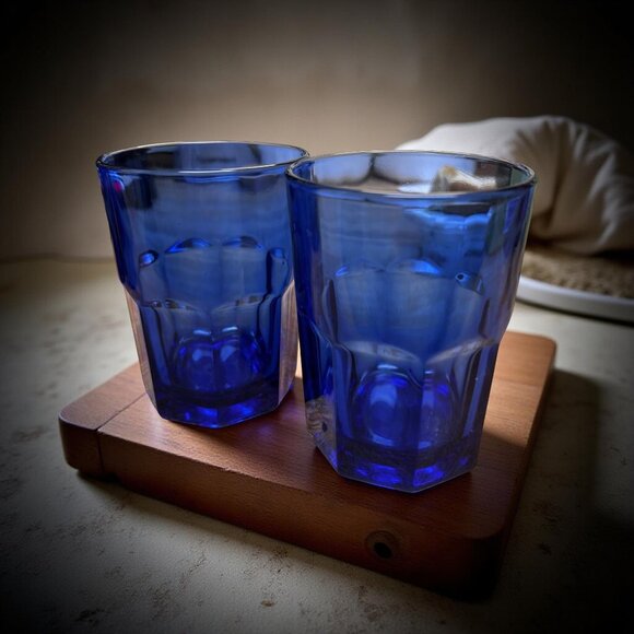 Vintage Libbey Crisa Cobalt Blue Paneled Tumblers Glasses Set of 4 | 2 Short 2 T - Picture 4 of 8